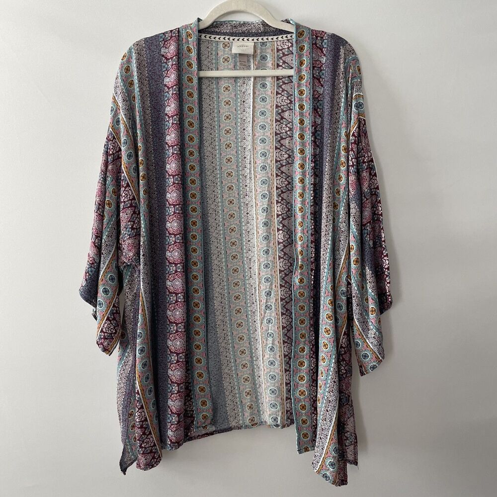 Knox Rose Open Front Kimono Cardigan 3/4 Sleeve Striped Rayon Size XL/XXL-dp